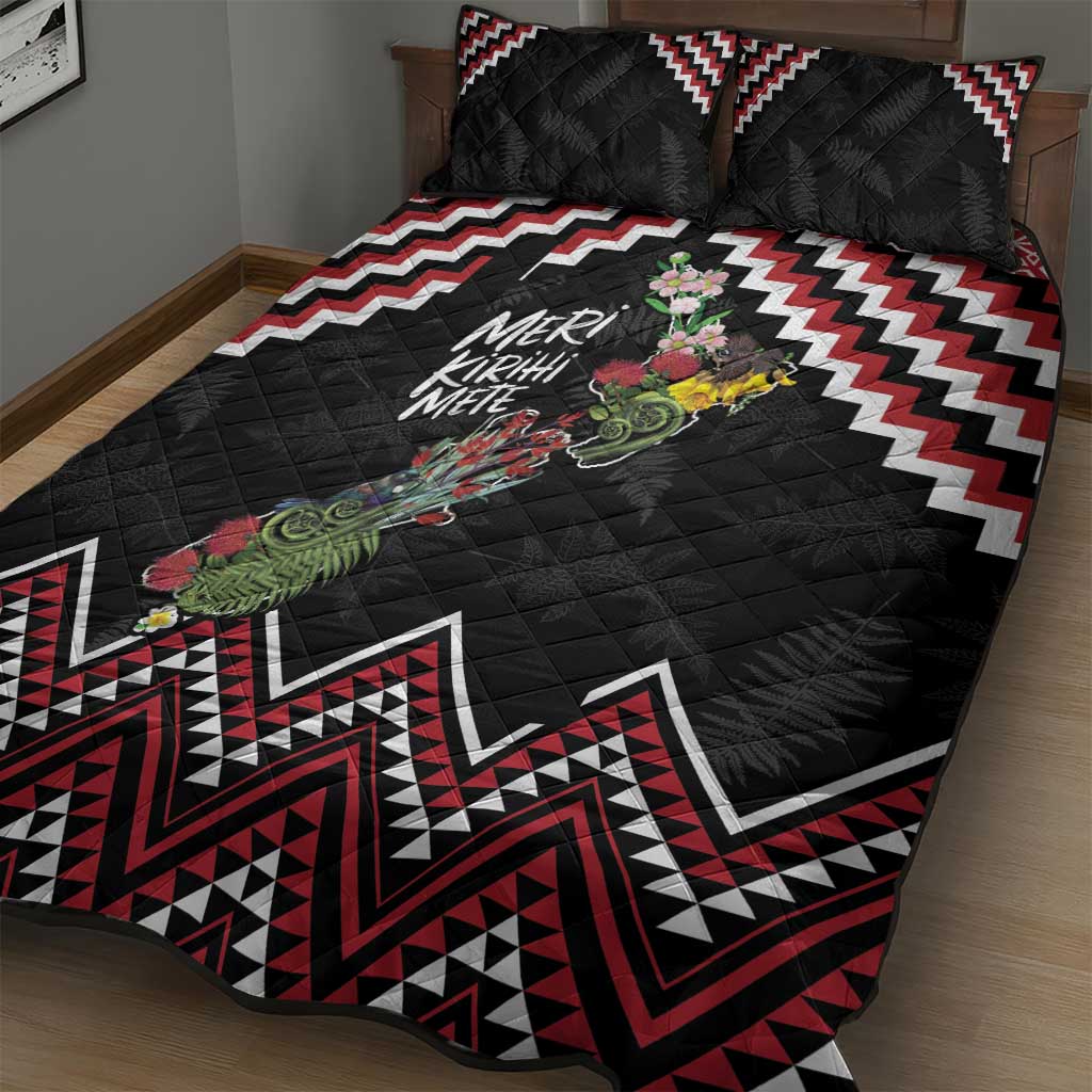 New Zealand Christmas Taniko Poutama Quilt Bed Set Flora Map with Birds - Polynesian Pride