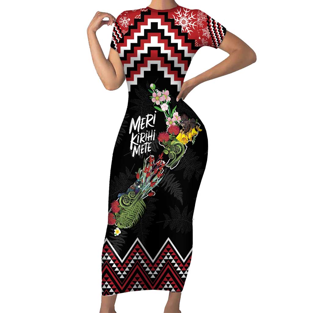 New Zealand Christmas Taniko Poutama Short Sleeve Bodycon Dress Flora Map with Birds - Polynesian Pride