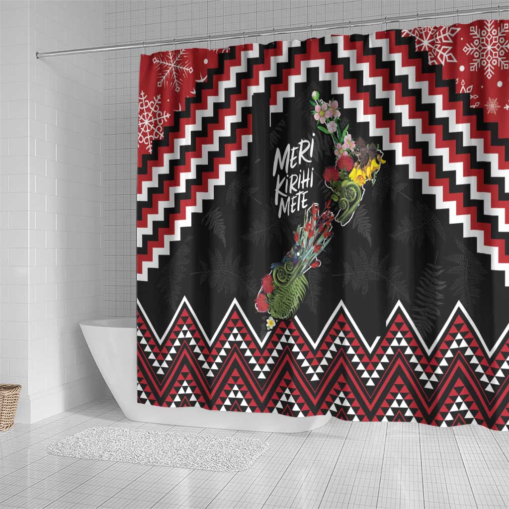 New Zealand Christmas Taniko Poutama Shower Curtain Flora Map with Birds - Polynesian Pride