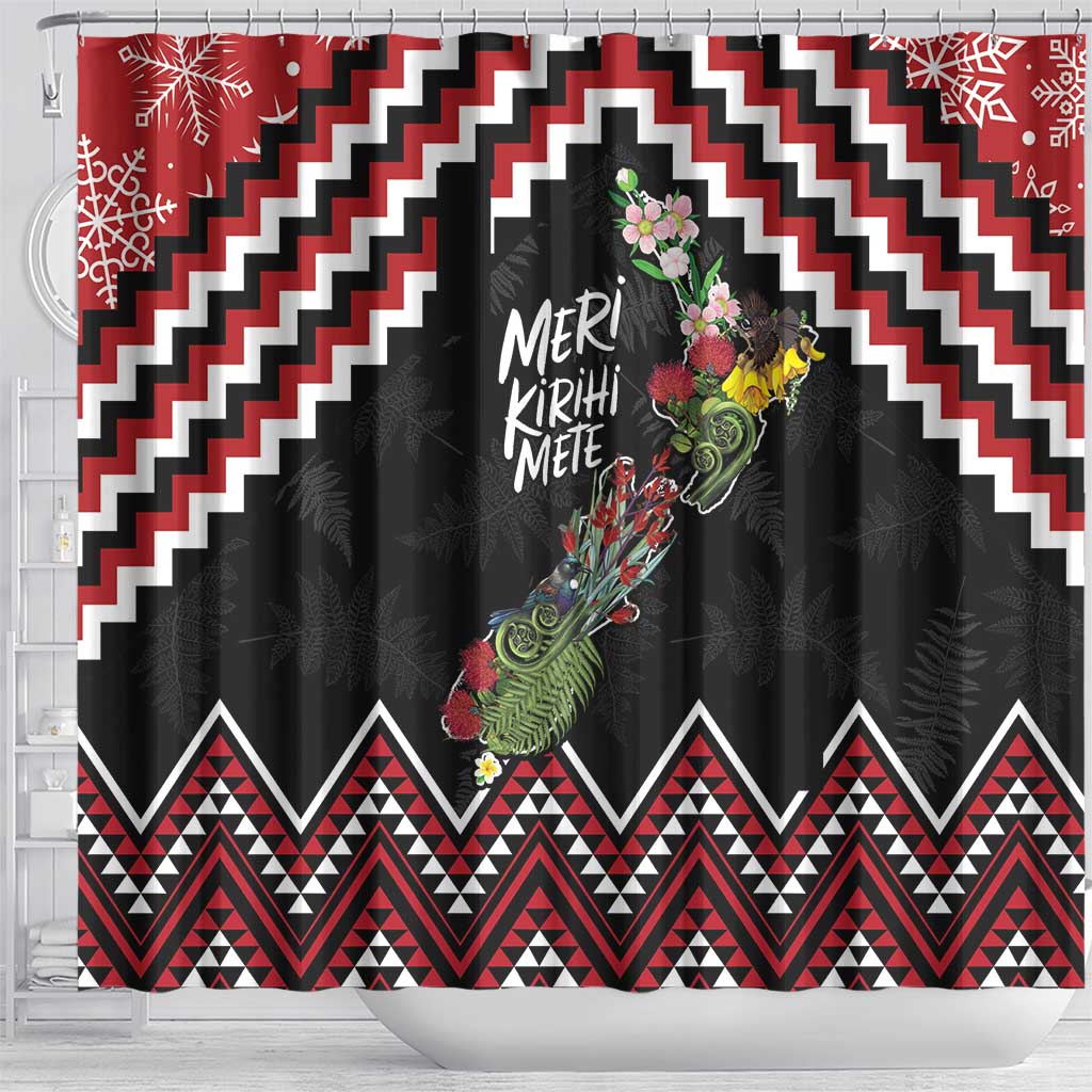 New Zealand Christmas Taniko Poutama Shower Curtain Flora Map with Birds - Polynesian Pride