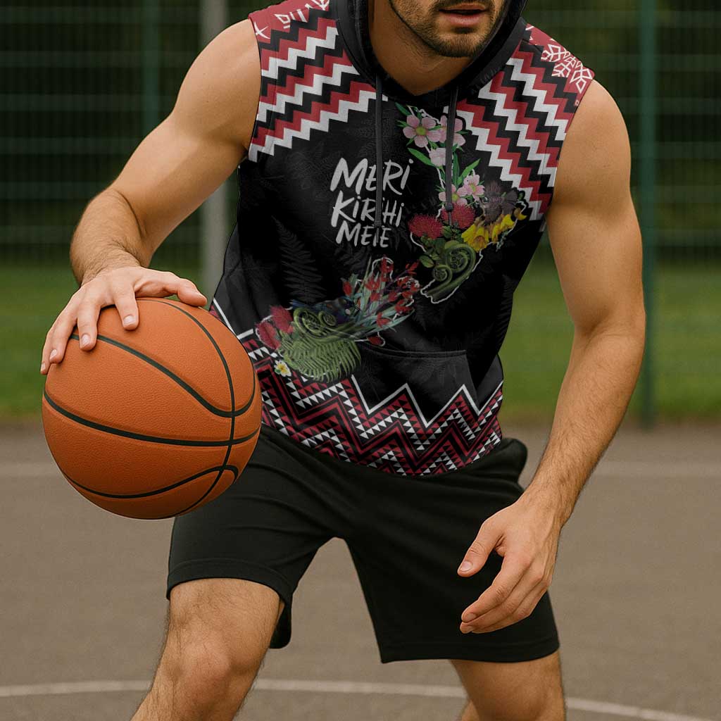 New Zealand Christmas Taniko Poutama Sleeveless Hoodie Flora Map with Birds - Polynesian Pride