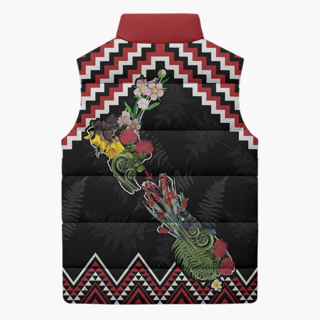 New Zealand Christmas Taniko Poutama Sleeveless Puffer Jacket Flora Map with Birds - Polynesian Pride