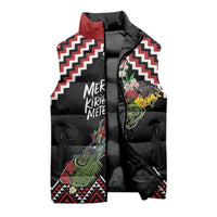 New Zealand Christmas Taniko Poutama Sleeveless Puffer Jacket Flora Map with Birds - Polynesian Pride