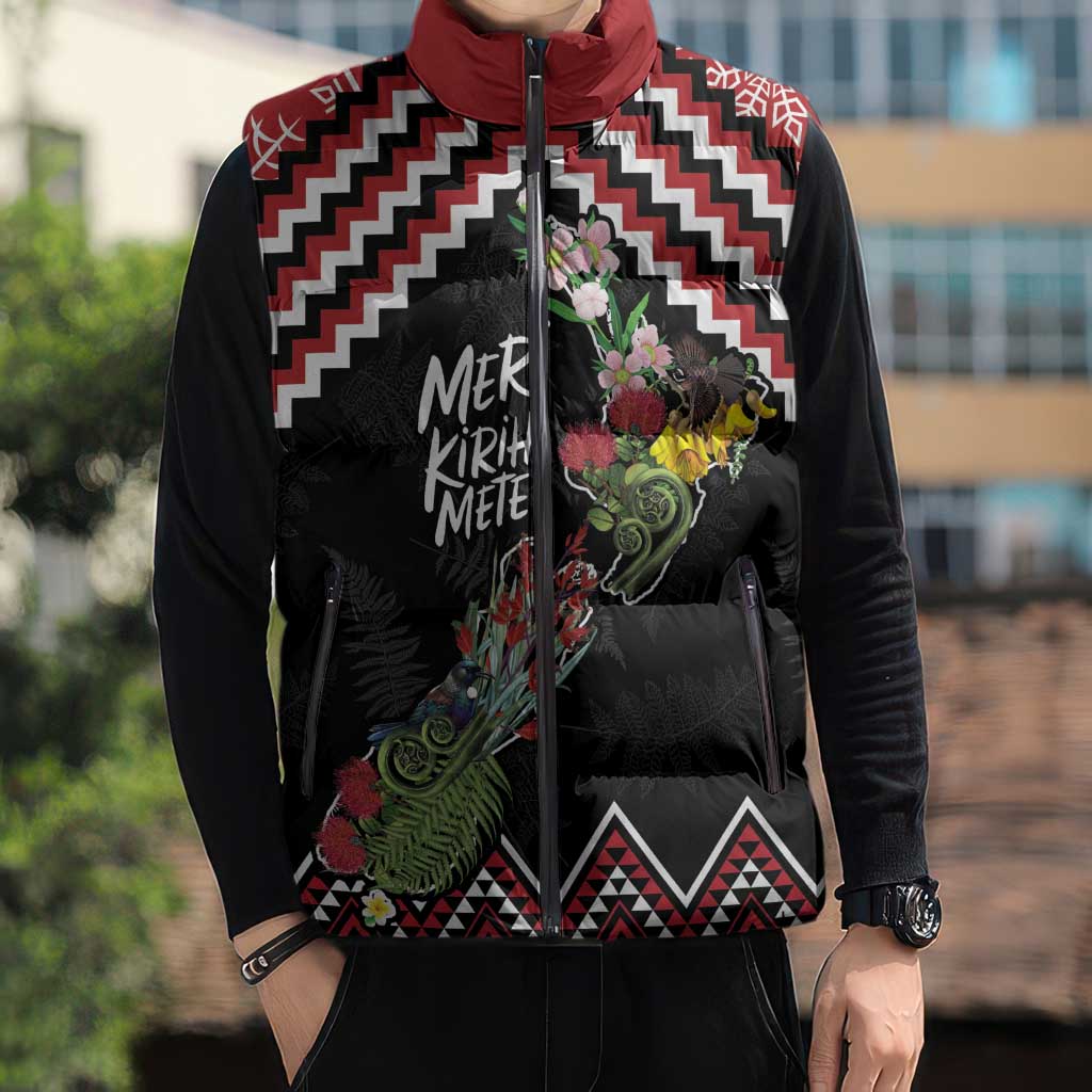 New Zealand Christmas Taniko Poutama Sleeveless Puffer Jacket Flora Map with Birds - Polynesian Pride