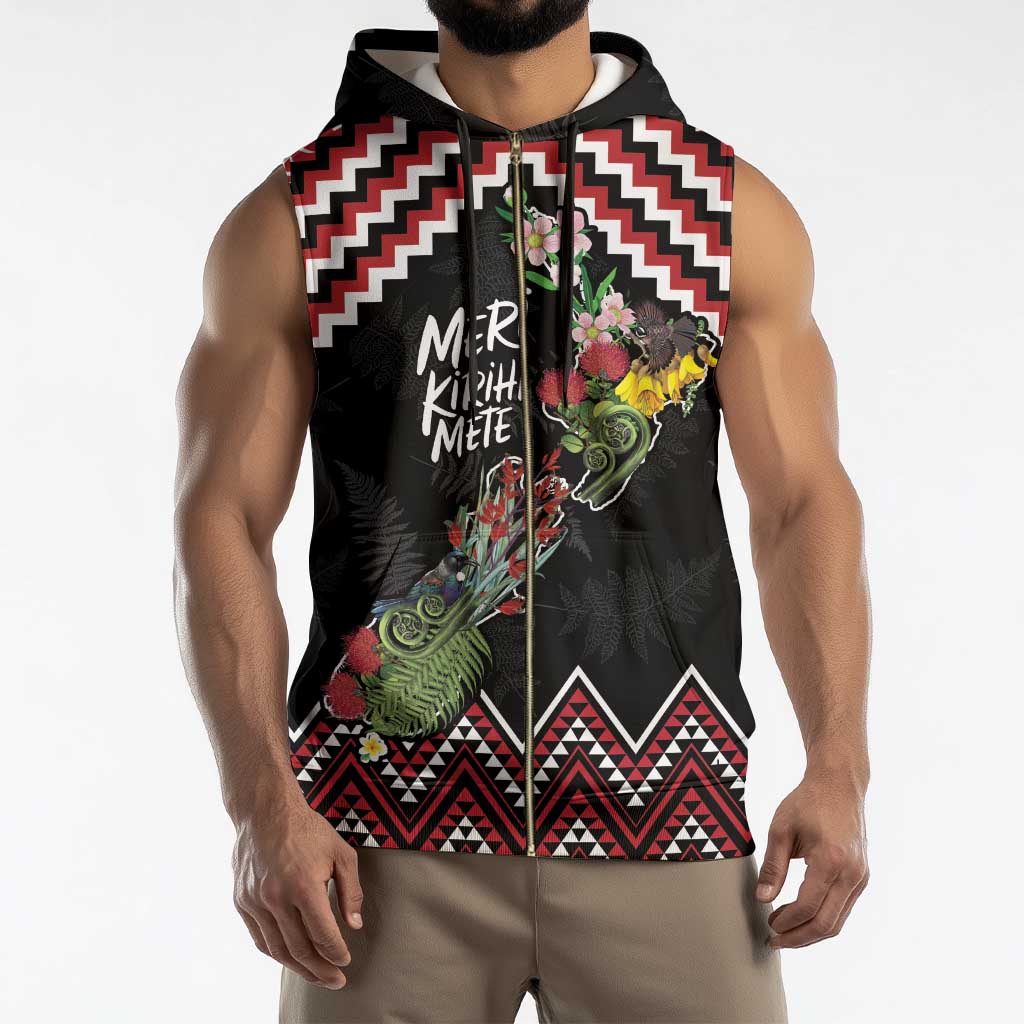 New Zealand Christmas Taniko Poutama Sleeveless Zip Hoodie Flora Map with Birds - Polynesian Pride