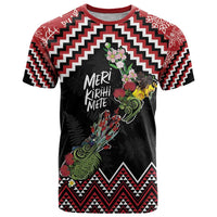 New Zealand Christmas Taniko Poutama T Shirt Flora Map with Birds - Polynesian Pride