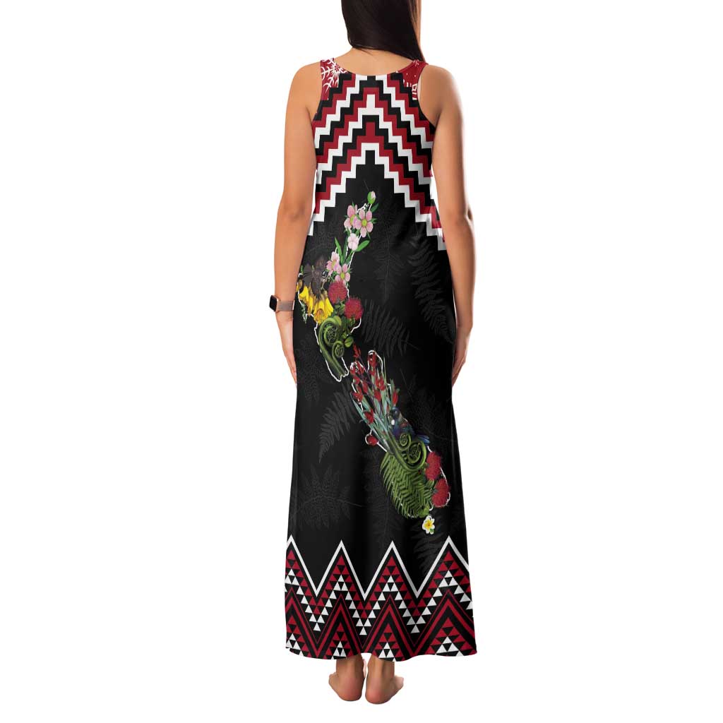 New Zealand Christmas Taniko Poutama Tank Maxi Dress Flora Map with Birds - Polynesian Pride
