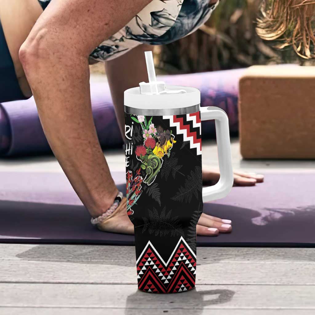 New Zealand Christmas Taniko Poutama Tumbler With Handle Flora Map with Birds - Polynesian Pride