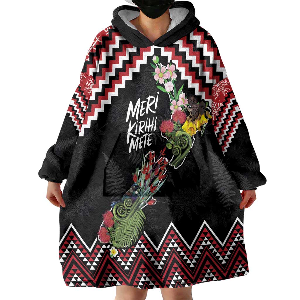 New Zealand Christmas Taniko Poutama Wearable Blanket Hoodie Flora Map with Birds - Polynesian Pride