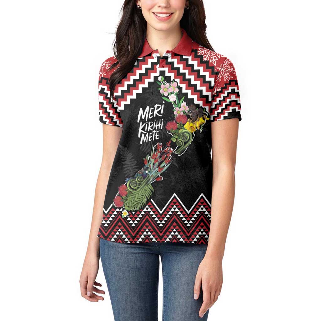 New Zealand Christmas Taniko Poutama Women Polo Shirt Flora Map with Birds - Polynesian Pride