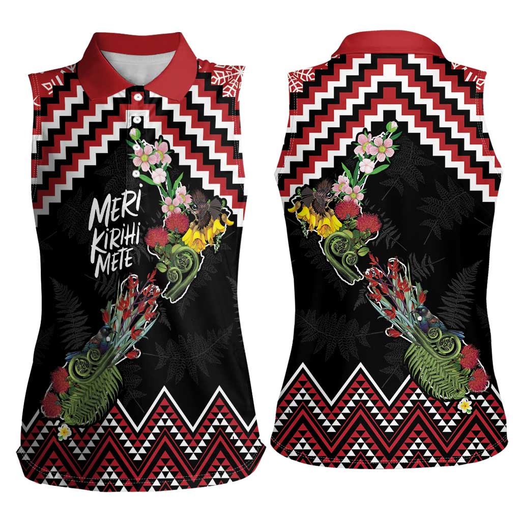 New Zealand Christmas Taniko Poutama Women Sleeveless Polo Shirt Flora Map with Birds - Polynesian Pride