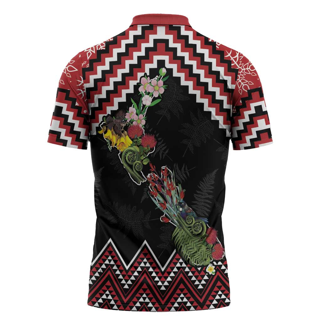 New Zealand Christmas Taniko Poutama Zipper Polo Shirt Flora Map with Birds - Polynesian Pride