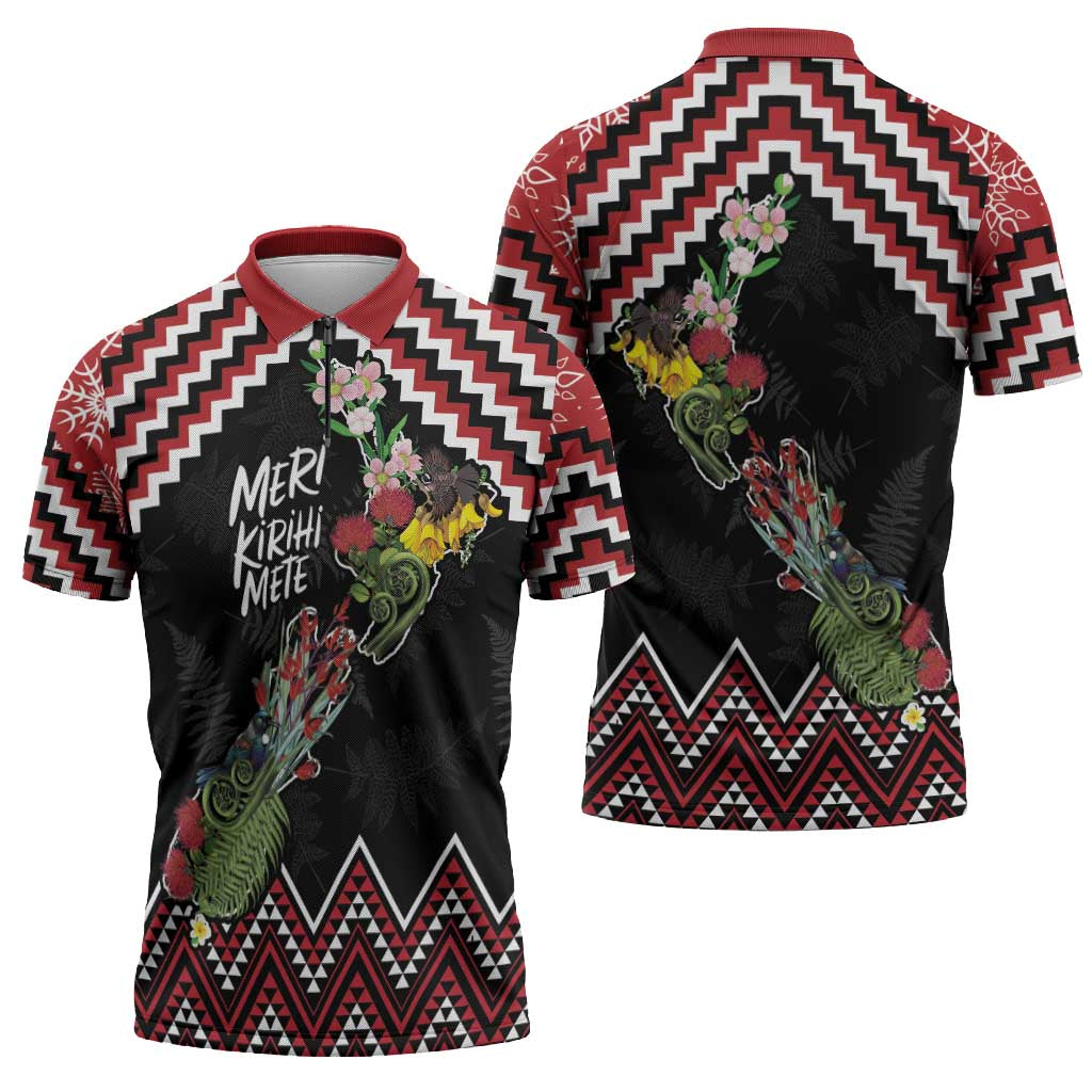 New Zealand Christmas Taniko Poutama Zipper Polo Shirt Flora Map with Birds - Polynesian Pride