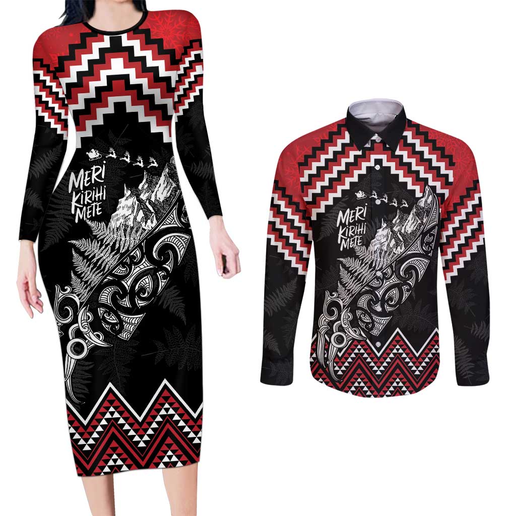 New Zealand Christmas Taniko Poutama Couples Matching Long Sleeve Bodycon Dress and Long Sleeve Button Shirt Mountainscape Maori Fern - Polynesian Pride
