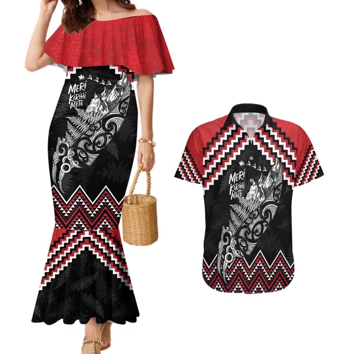 New Zealand Christmas Taniko Poutama Couples Matching Mermaid Dress and Hawaiian Shirt Mountainscape Maori Fern - Polynesian Pride