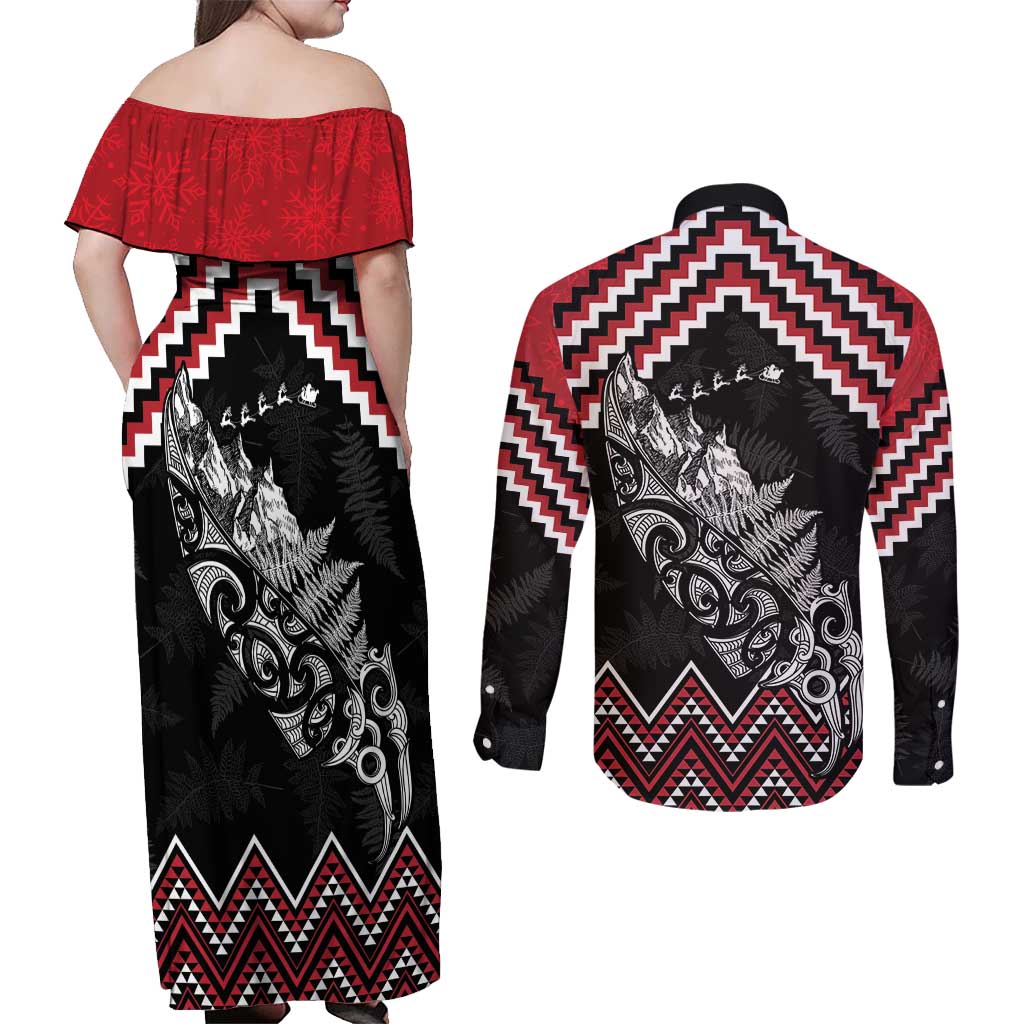 New Zealand Christmas Taniko Poutama Couples Matching Off Shoulder Maxi Dress and Long Sleeve Button Shirt Mountainscape Maori Fern - Polynesian Pride