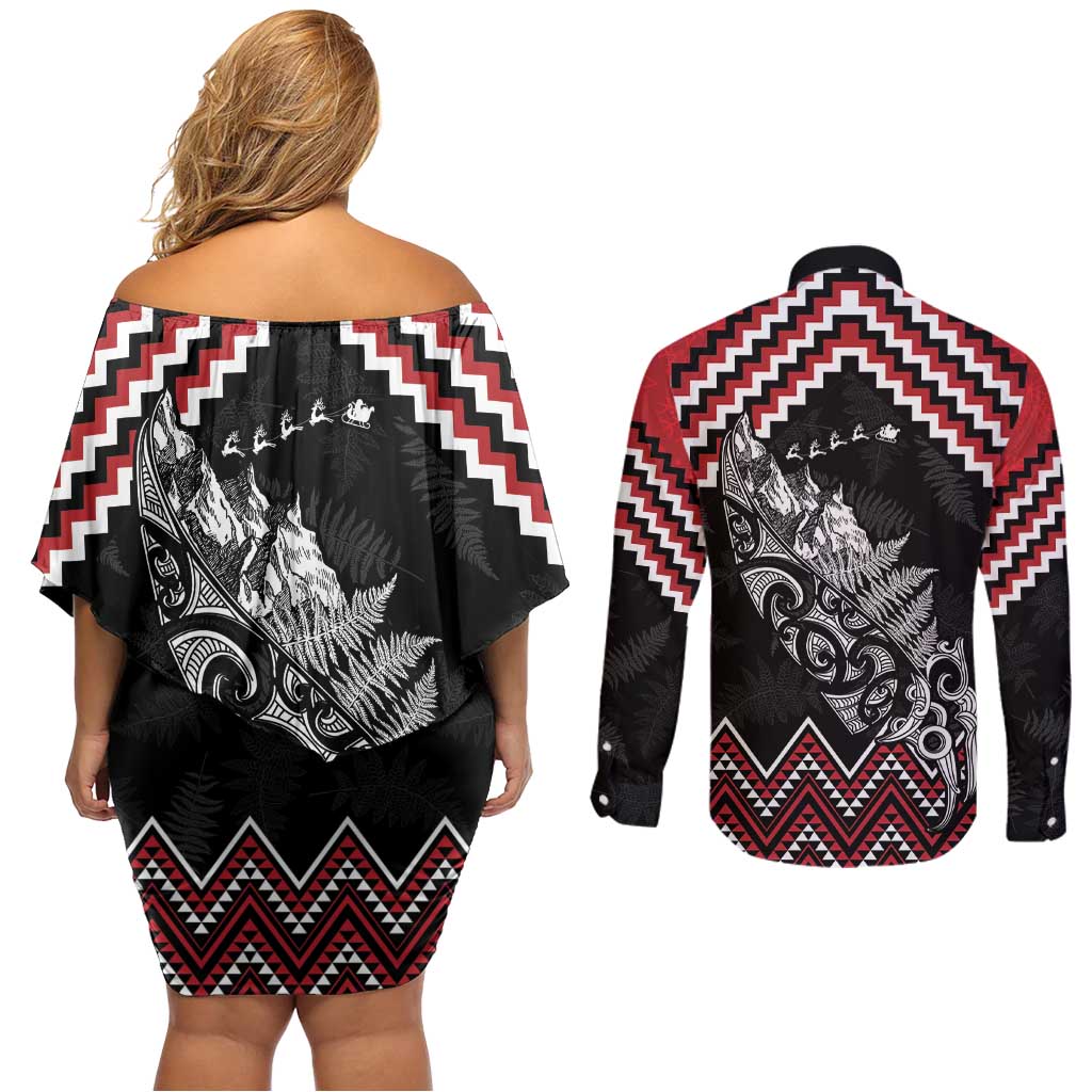 New Zealand Christmas Taniko Poutama Couples Matching Off Shoulder Short Dress and Long Sleeve Button Shirt Mountainscape Maori Fern - Polynesian Pride