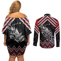 New Zealand Christmas Taniko Poutama Couples Matching Off Shoulder Short Dress and Long Sleeve Button Shirt Mountainscape Maori Fern - Polynesian Pride