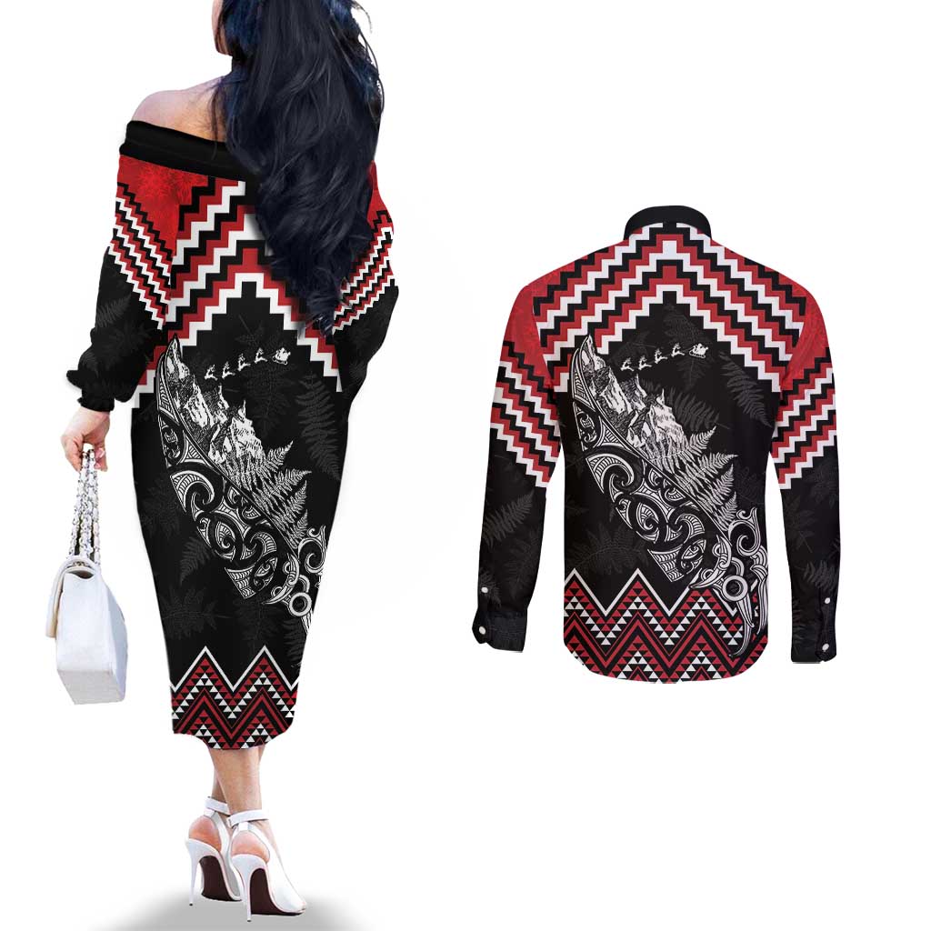 New Zealand Christmas Taniko Poutama Couples Matching Off The Shoulder Long Sleeve Dress and Long Sleeve Button Shirt Mountainscape Maori Fern - Polynesian Pride
