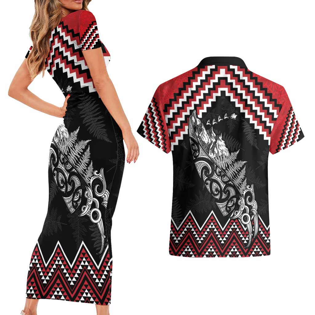 New Zealand Christmas Taniko Poutama Couples Matching Short Sleeve Bodycon Dress and Hawaiian Shirt Mountainscape Maori Fern - Polynesian Pride