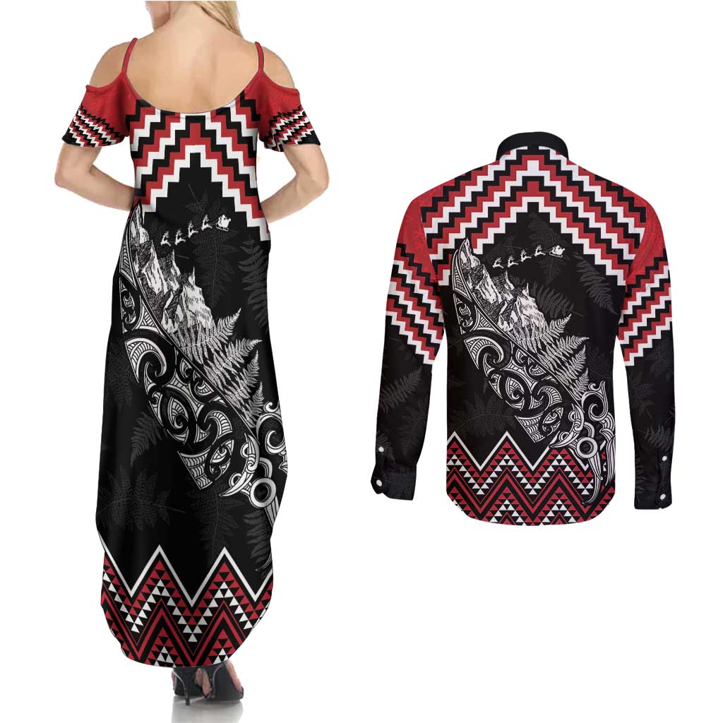 New Zealand Christmas Taniko Poutama Couples Matching Summer Maxi Dress and Long Sleeve Button Shirt Mountainscape Maori Fern - Polynesian Pride