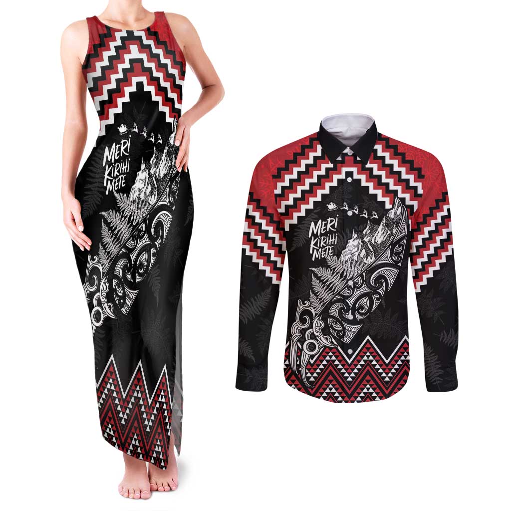New Zealand Christmas Taniko Poutama Couples Matching Tank Maxi Dress and Long Sleeve Button Shirt Mountainscape Maori Fern - Polynesian Pride