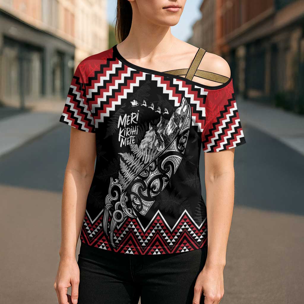 New Zealand Christmas Taniko Poutama Cross Shoulder Shirt Mountainscape Maori Fern - Polynesian Pride
