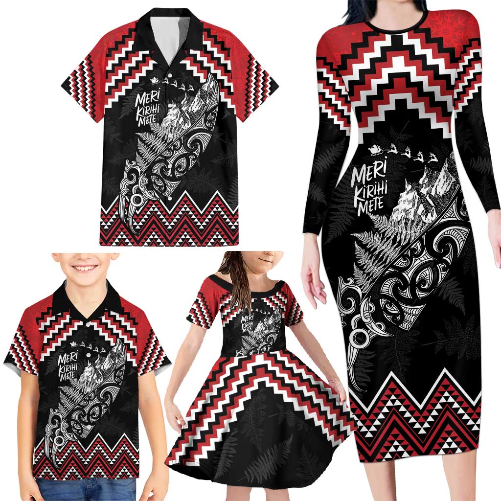 New Zealand Christmas Taniko Poutama Family Matching Long Sleeve Bodycon Dress and Hawaiian Shirt Mountainscape Maori Fern - Polynesian Pride