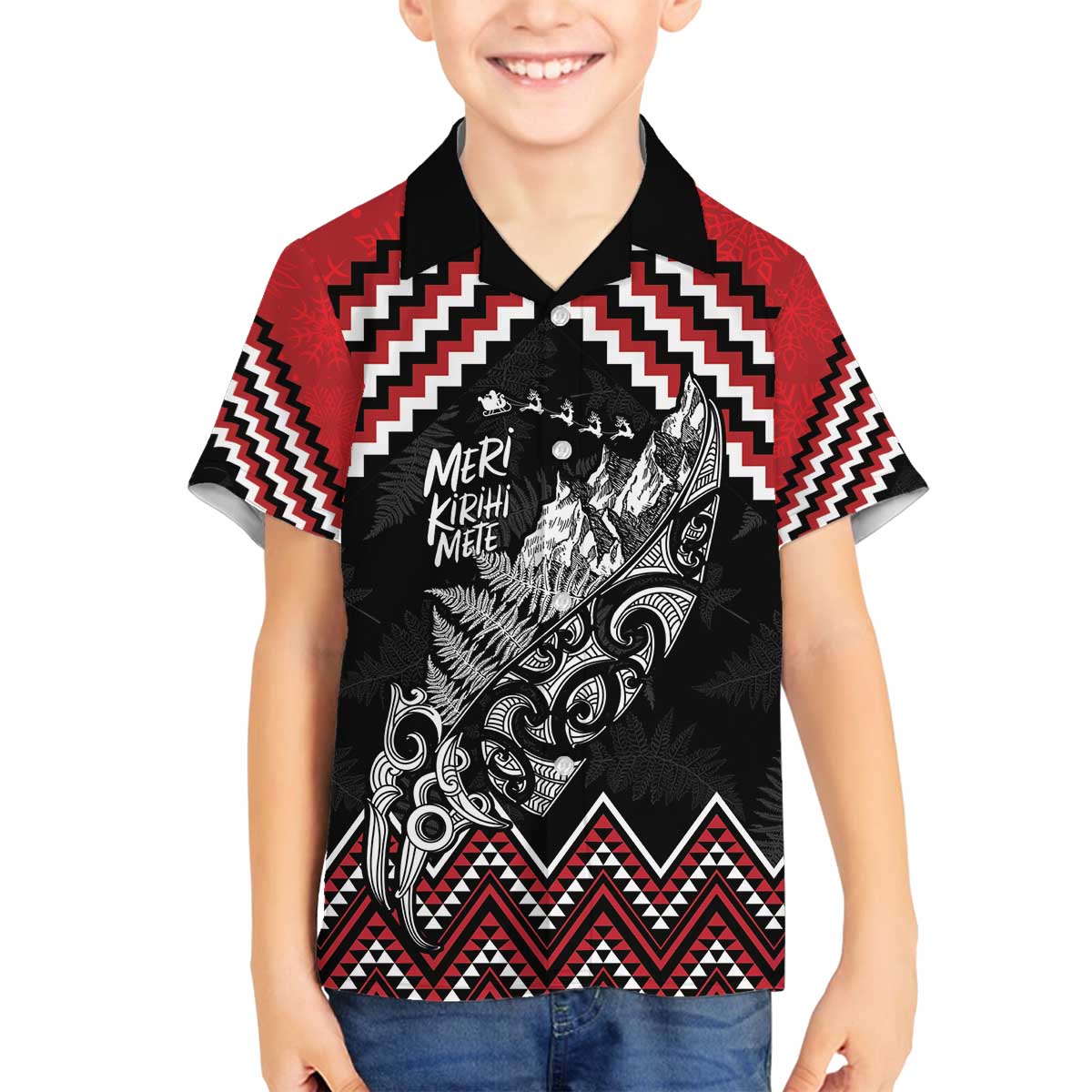 New Zealand Christmas Taniko Poutama Family Matching Off The Shoulder Long Sleeve Dress and Hawaiian Shirt Mountainscape Maori Fern - Polynesian Pride