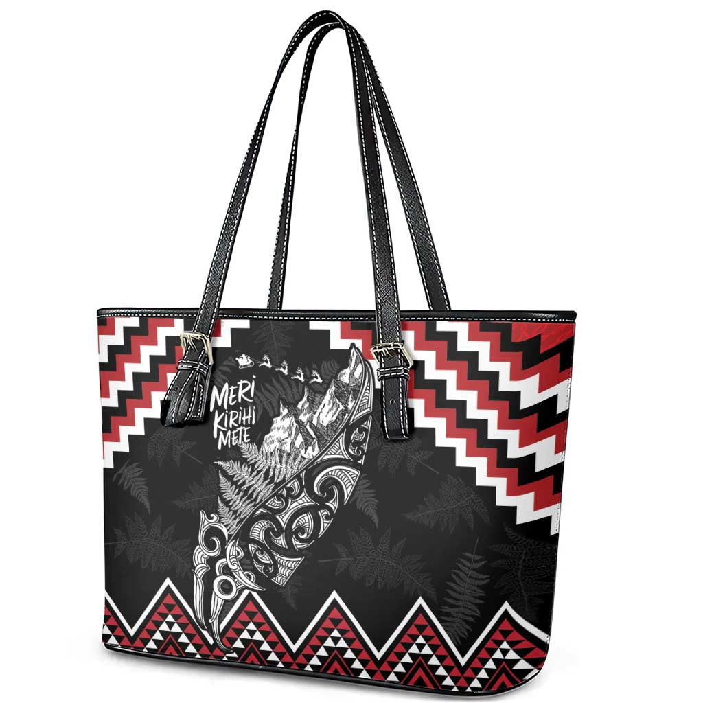 New Zealand Christmas Taniko Poutama Leather Tote Bag Mountainscape Maori Fern - Polynesian Pride
