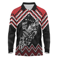 New Zealand Christmas Taniko Poutama Long Sleeve Polo Shirt Mountainscape Maori Fern - Polynesian Pride