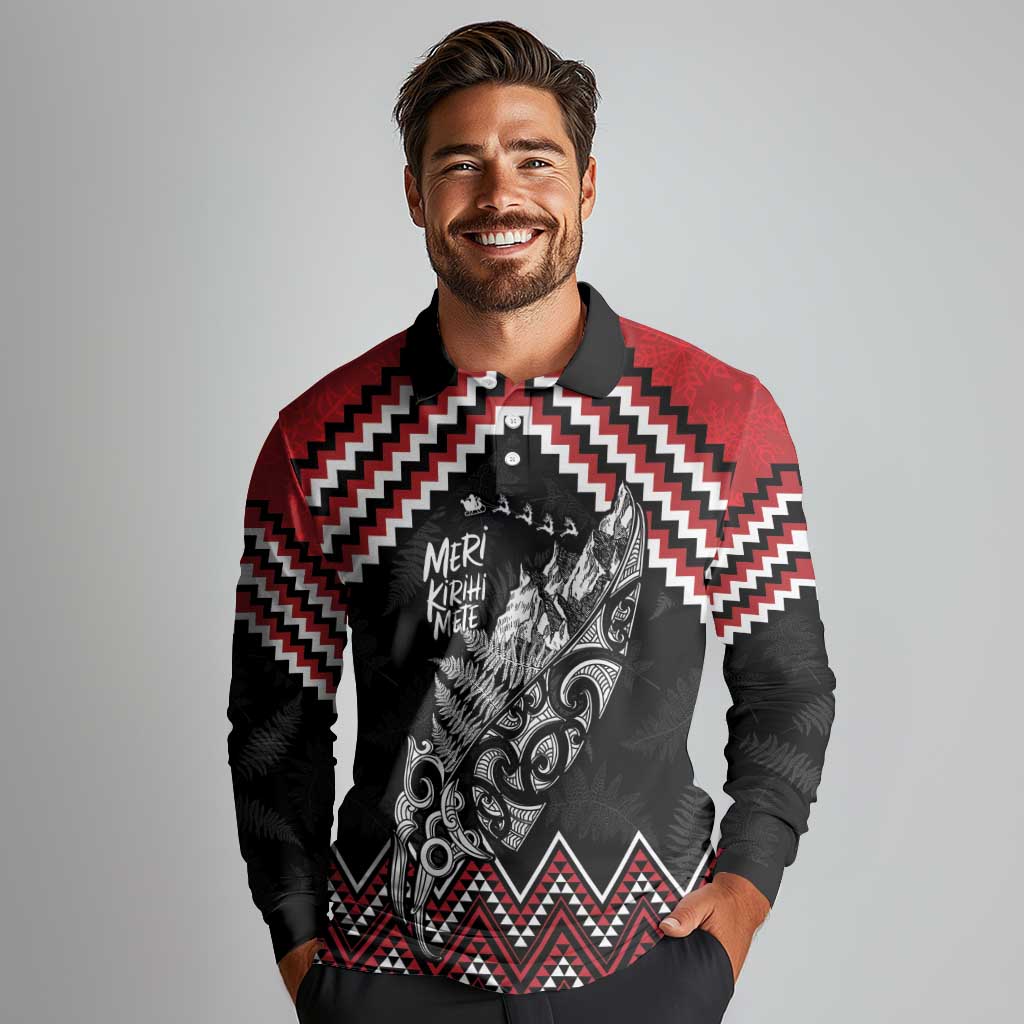 New Zealand Christmas Taniko Poutama Long Sleeve Polo Shirt Mountainscape Maori Fern - Polynesian Pride