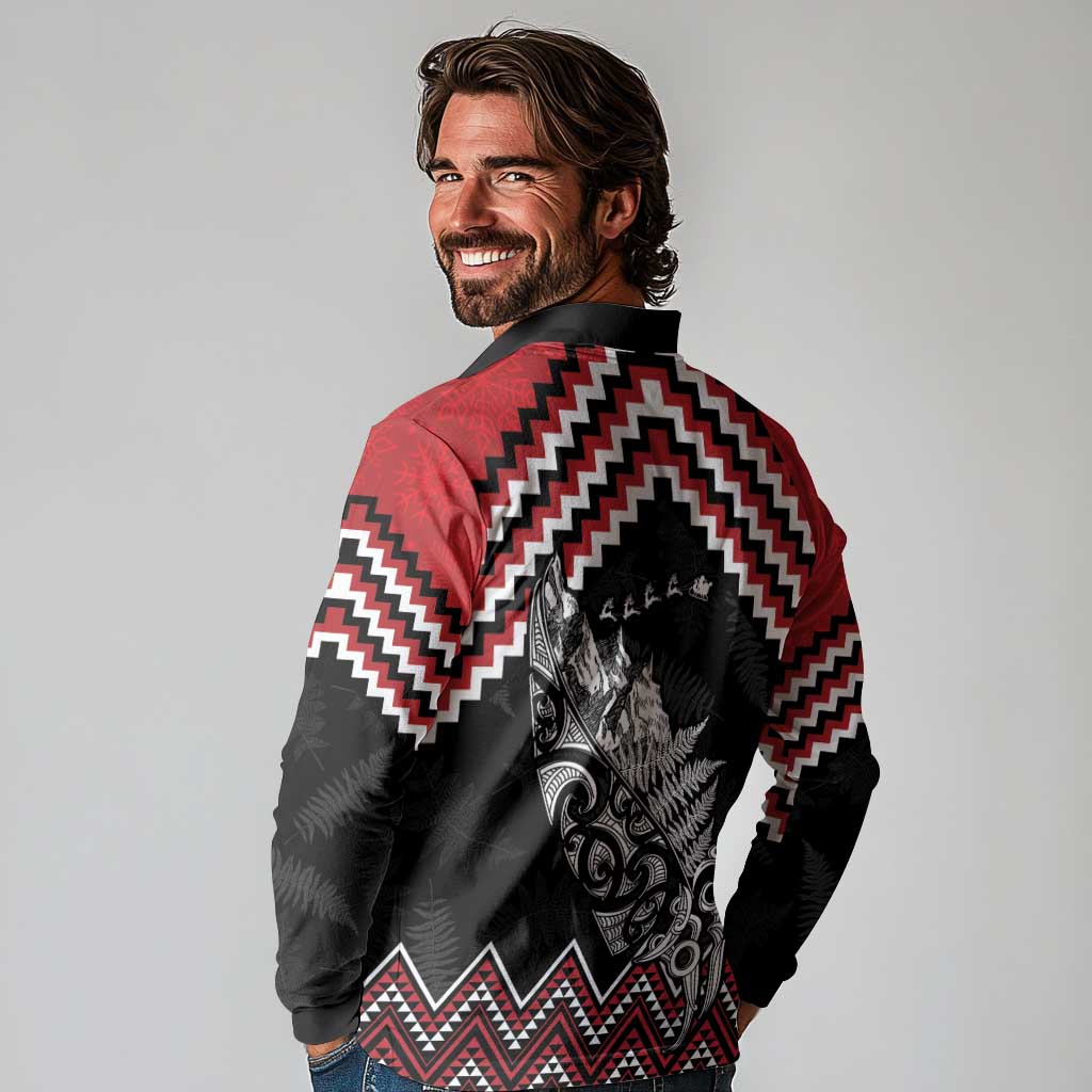 New Zealand Christmas Taniko Poutama Long Sleeve Polo Shirt Mountainscape Maori Fern - Polynesian Pride