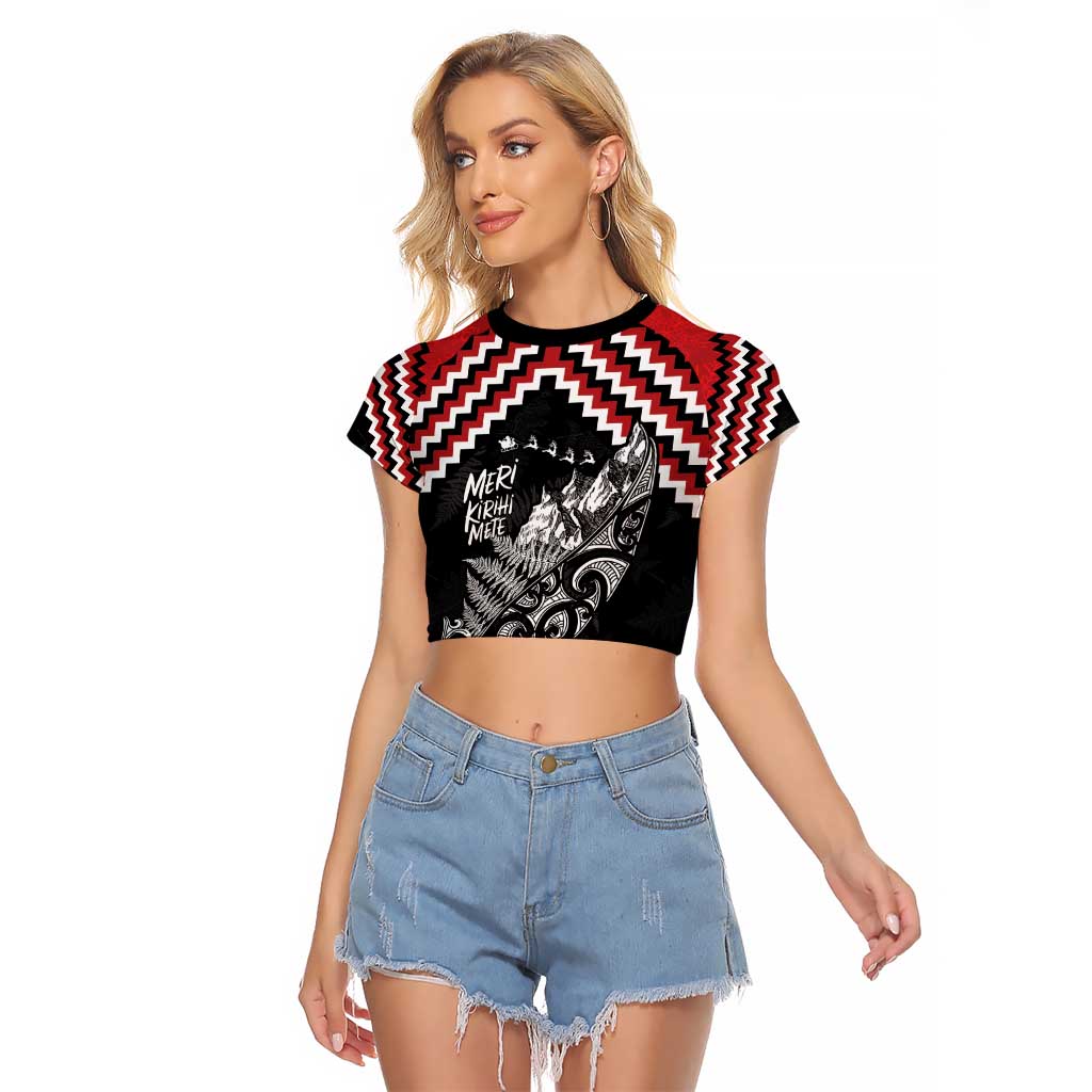 New Zealand Christmas Taniko Poutama Raglan Cropped T Shirt Mountainscape Maori Fern - Polynesian Pride