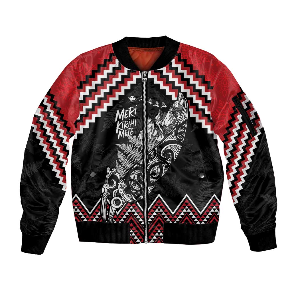 New Zealand Christmas Taniko Poutama Sleeve Zip Bomber Jacket Mountainscape Maori Fern - Polynesian Pride