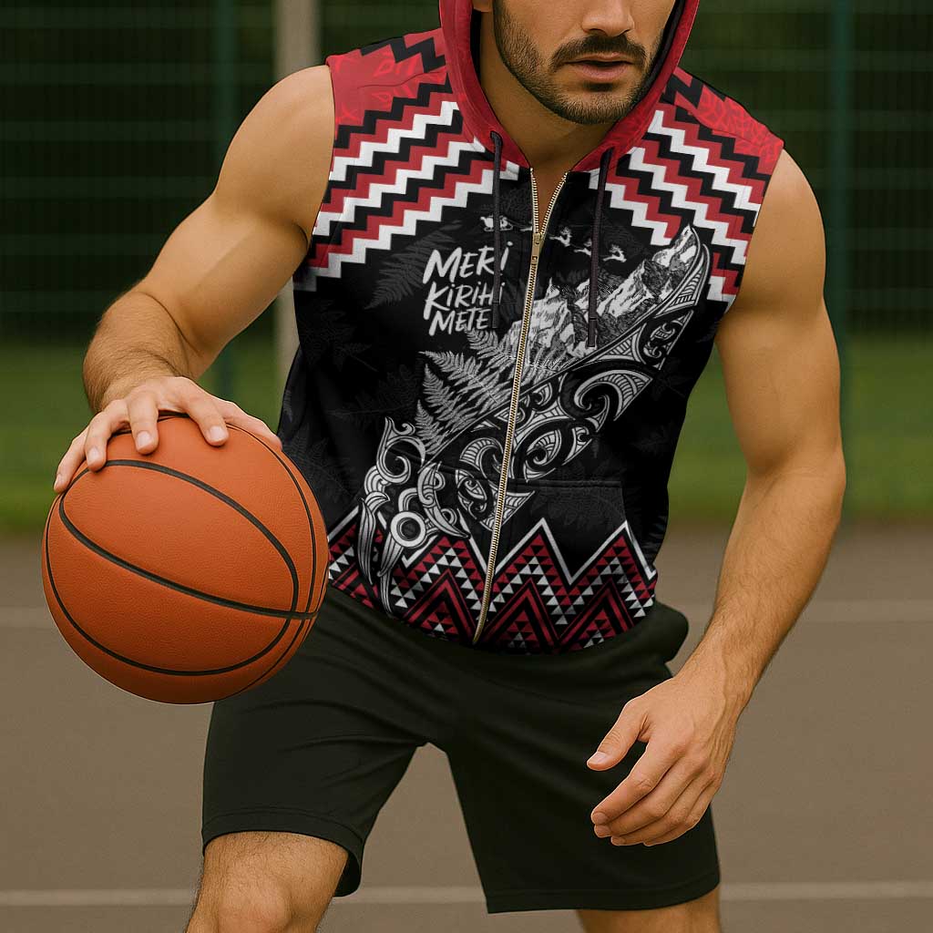 New Zealand Christmas Taniko Poutama Sleeveless Zip Hoodie Mountainscape Maori Fern - Polynesian Pride