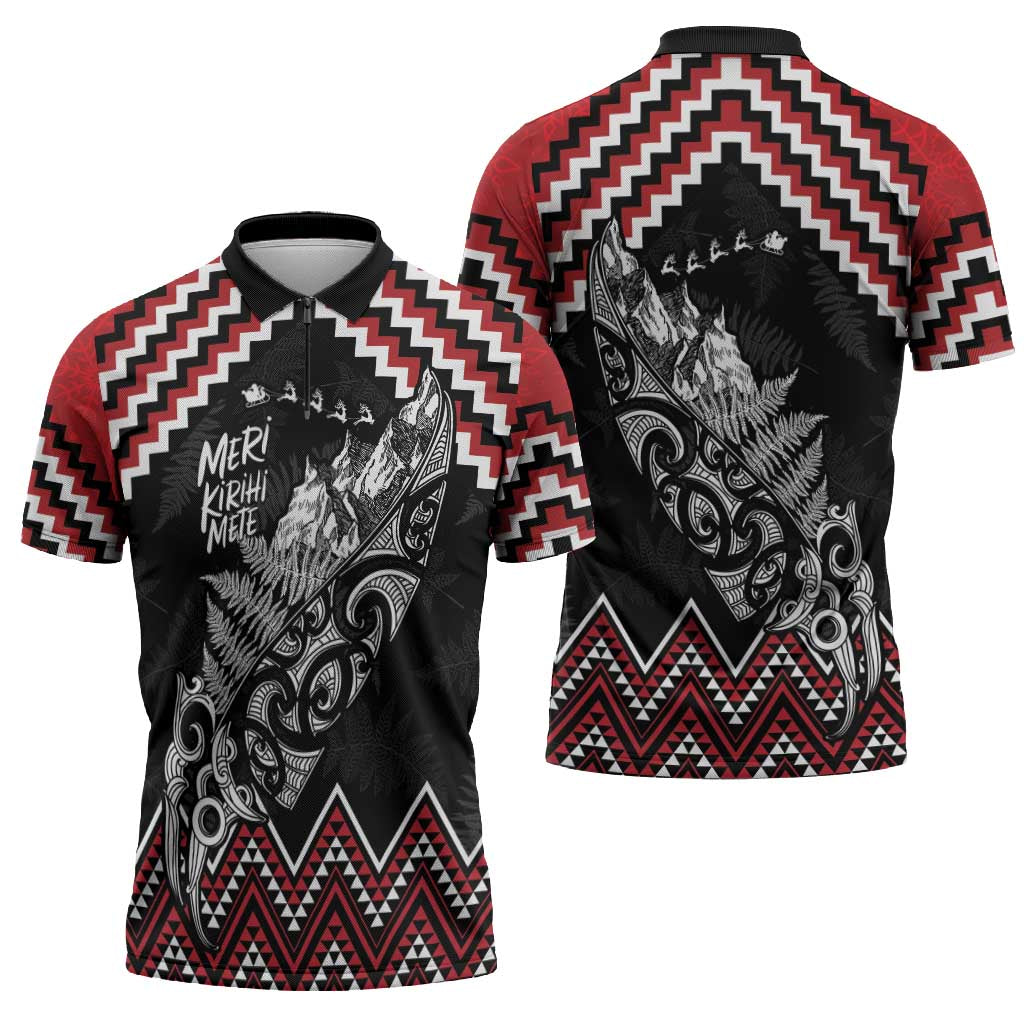 New Zealand Christmas Taniko Poutama Zipper Polo Shirt Mountainscape Maori Fern - Polynesian Pride