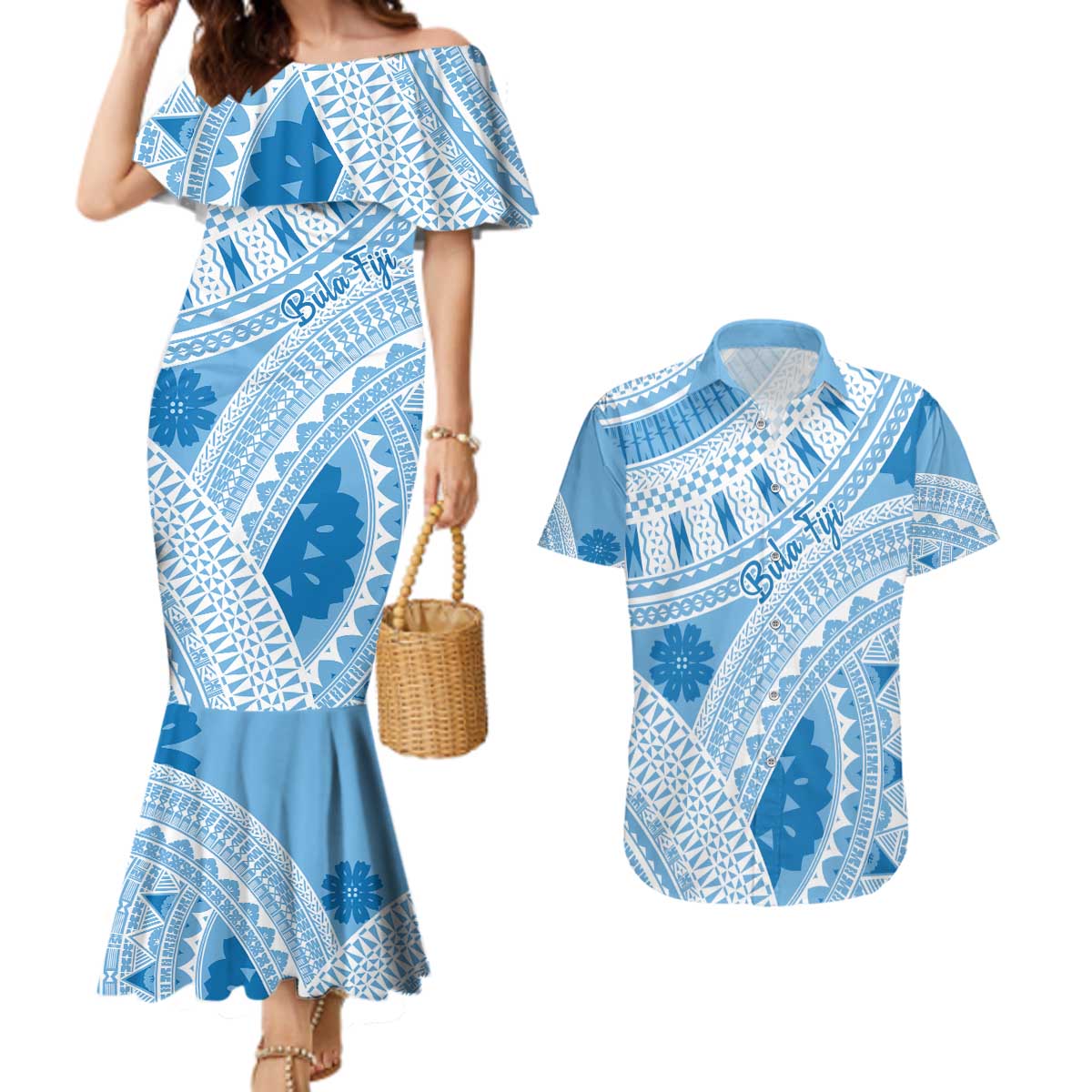 Bula Fiji Classic Masi Tapa Couples Matching Mermaid Dress and Hawaiian Shirt Turquoise - Polynesian Pride