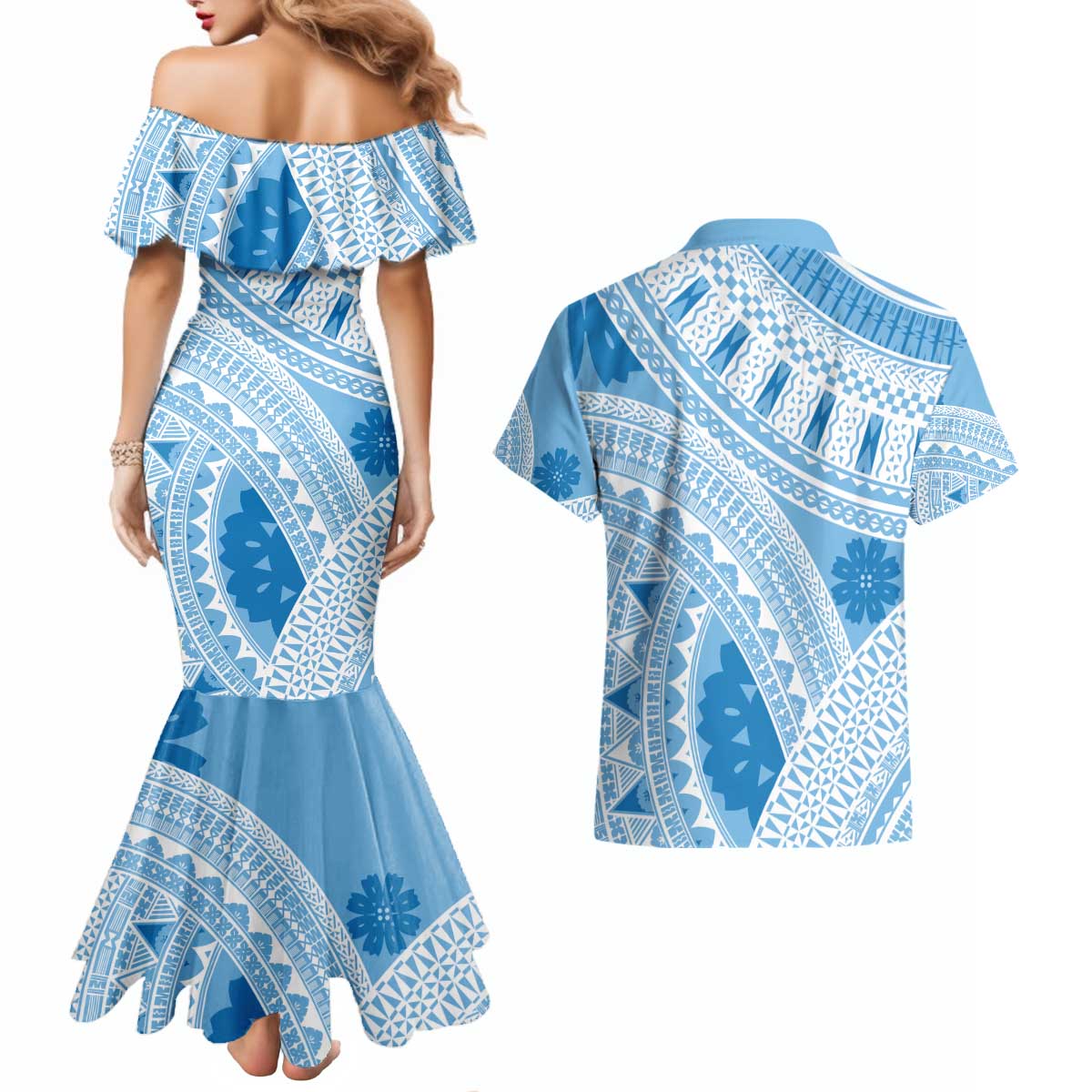 Bula Fiji Classic Masi Tapa Couples Matching Mermaid Dress and Hawaiian Shirt Turquoise - Polynesian Pride