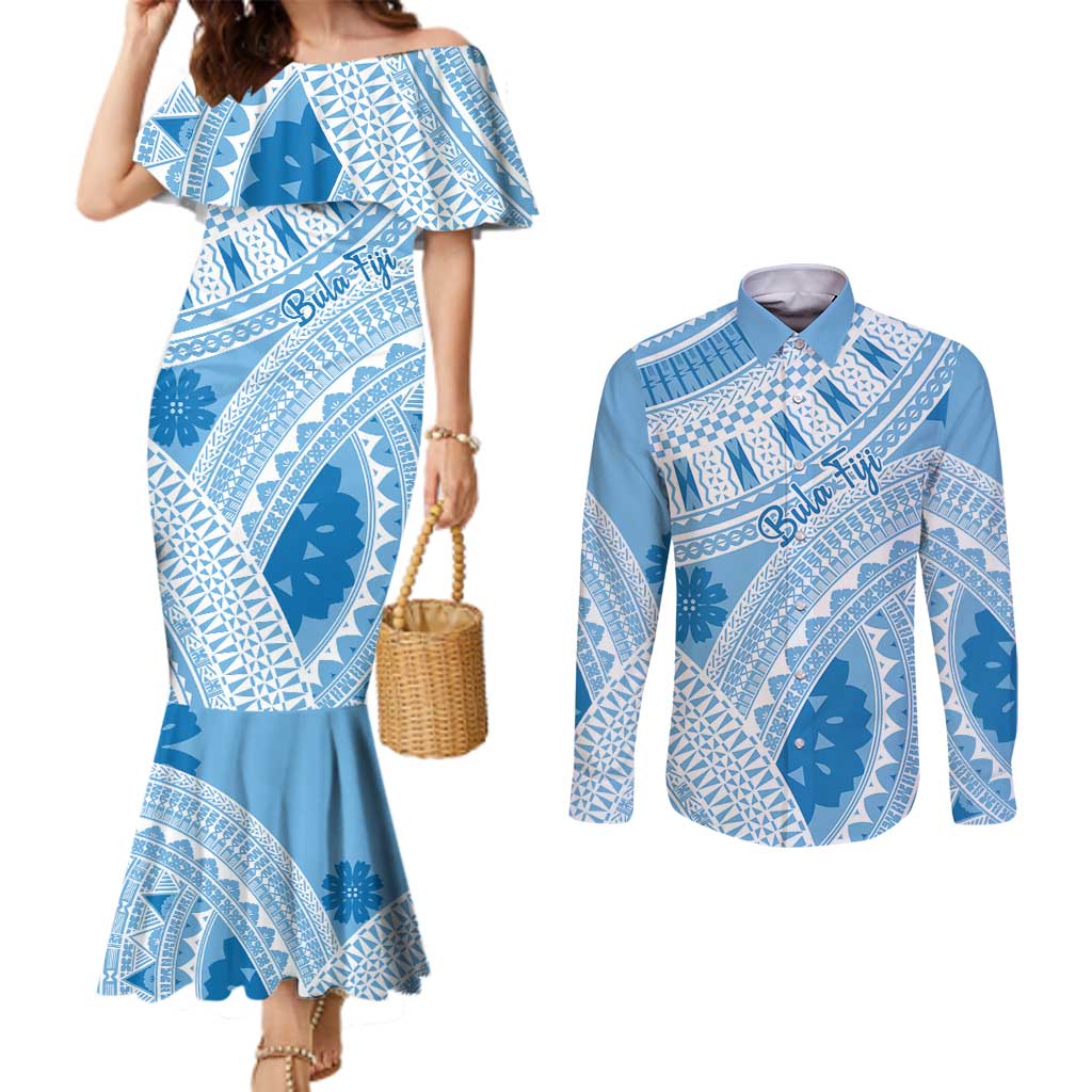 Bula Fiji Classic Masi Tapa Couples Matching Mermaid Dress and Long Sleeve Button Shirt Turquoise - Polynesian Pride