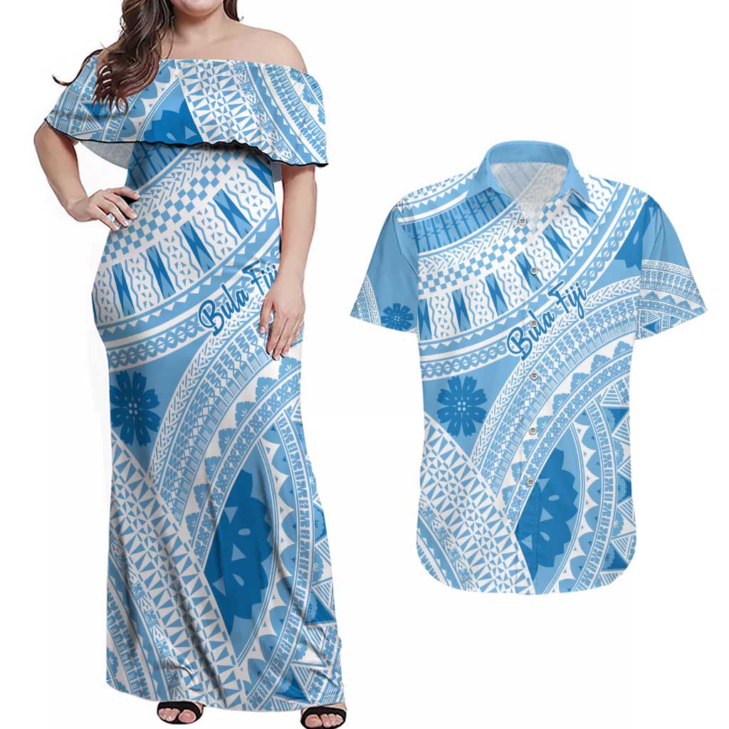 Bula Fiji Classic Masi Tapa Couples Matching Off Shoulder Maxi Dress and Hawaiian Shirt Turquoise - Polynesian Pride