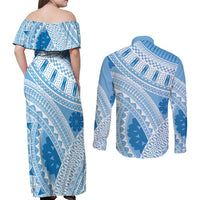 Bula Fiji Classic Masi Tapa Couples Matching Off Shoulder Maxi Dress and Long Sleeve Button Shirt Turquoise - Polynesian Pride