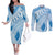 Bula Fiji Classic Masi Tapa Couples Matching Off The Shoulder Long Sleeve Dress and Long Sleeve Button Shirt Turquoise - Polynesian Pride