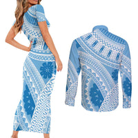 Bula Fiji Classic Masi Tapa Couples Matching Short Sleeve Bodycon Dress and Long Sleeve Button Shirt Turquoise - Polynesian Pride