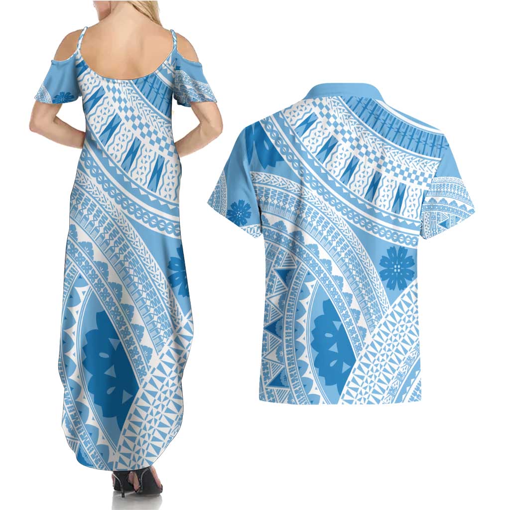 Bula Fiji Classic Masi Tapa Couples Matching Summer Maxi Dress and Hawaiian Shirt Turquoise - Polynesian Pride