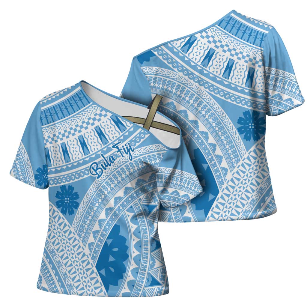 Bula Fiji Classic Masi Tapa Cross Shoulder Shirt Turquoise - Polynesian Pride