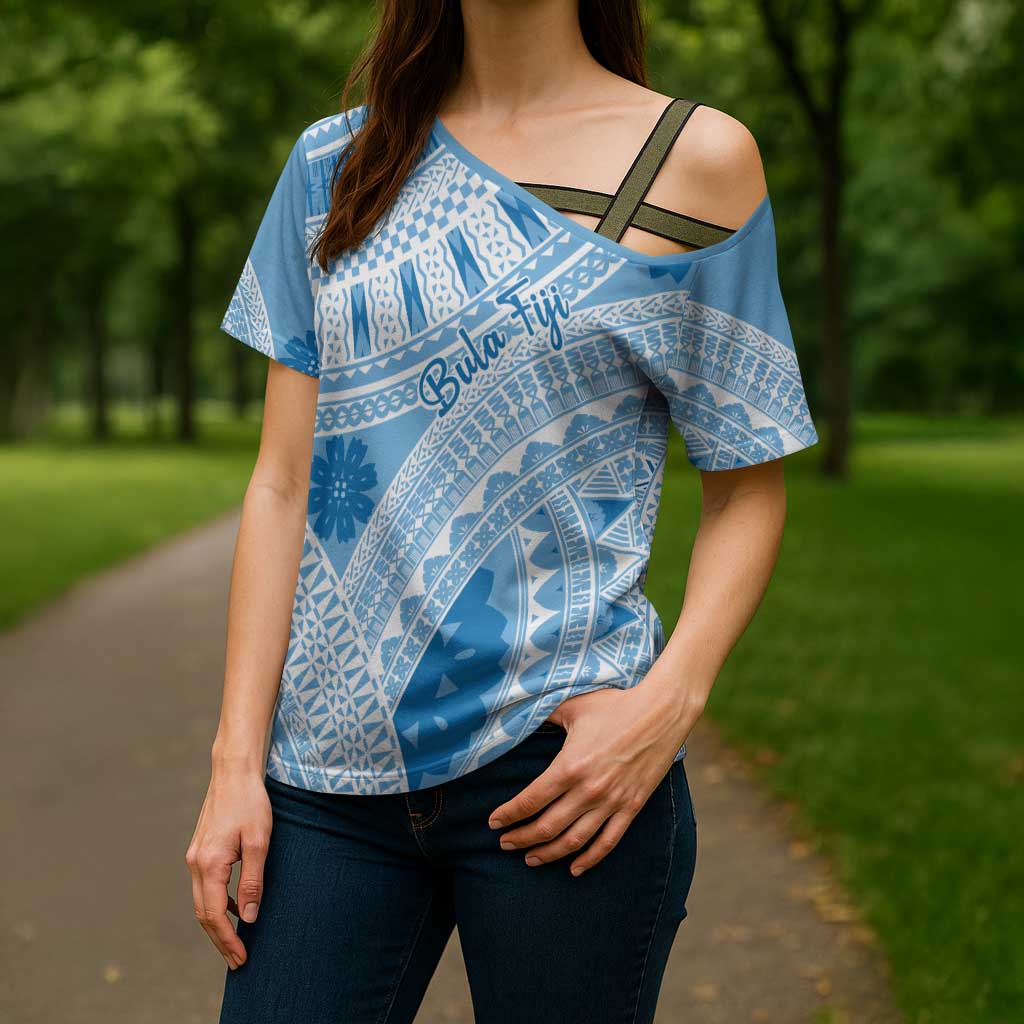 Bula Fiji Classic Masi Tapa Cross Shoulder Shirt Turquoise - Polynesian Pride