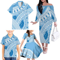 Bula Fiji Classic Masi Tapa Family Matching Off The Shoulder Long Sleeve Dress and Hawaiian Shirt Turquoise - Polynesian Pride