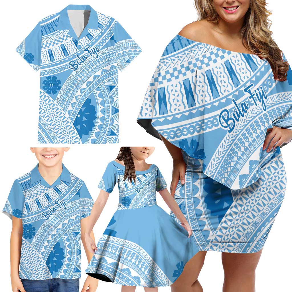 Bula Fiji Classic Masi Tapa Family Matching Off Shoulder Short Dress and Hawaiian Shirt Turquoise - Polynesian Pride