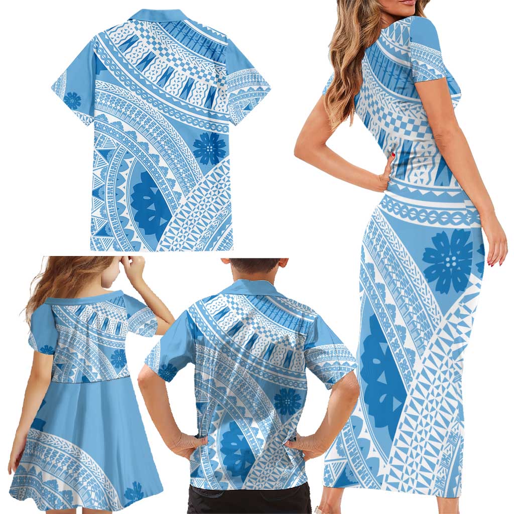 Bula Fiji Classic Masi Tapa Family Matching Short Sleeve Bodycon Dress and Hawaiian Shirt Turquoise - Polynesian Pride